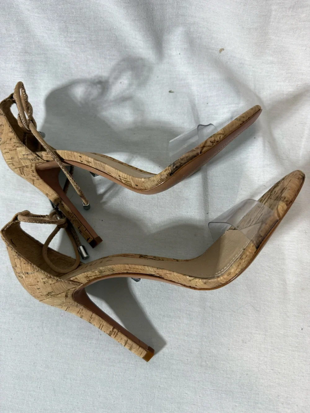 Schutz Tan Cork Ankle-Tie Stiletto Sandals with Clear Strap Size 7.5